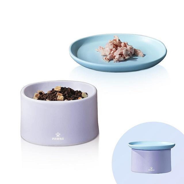 Pawaii Ceramic Cat Bowl, Combined Type Elevated Cat Bowl, Whisker Friendly Cat Bowl, Dishwasher and Microwave Safe, One Elevated Cat Bowl and One Dish