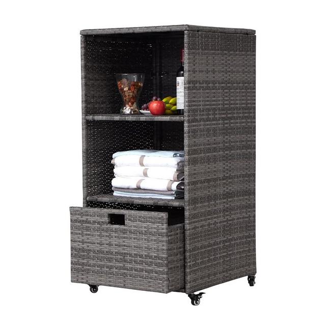 kinbor Outdoor Pool Towel Storage Cabinet - PE Rattan Outdoor Storage Cabinet with Shelves & Drawer, Patio Wicker Towel Rack Organizer with Wheels for Indoor Outdoor Spa, Hot Tub Accessory Storage