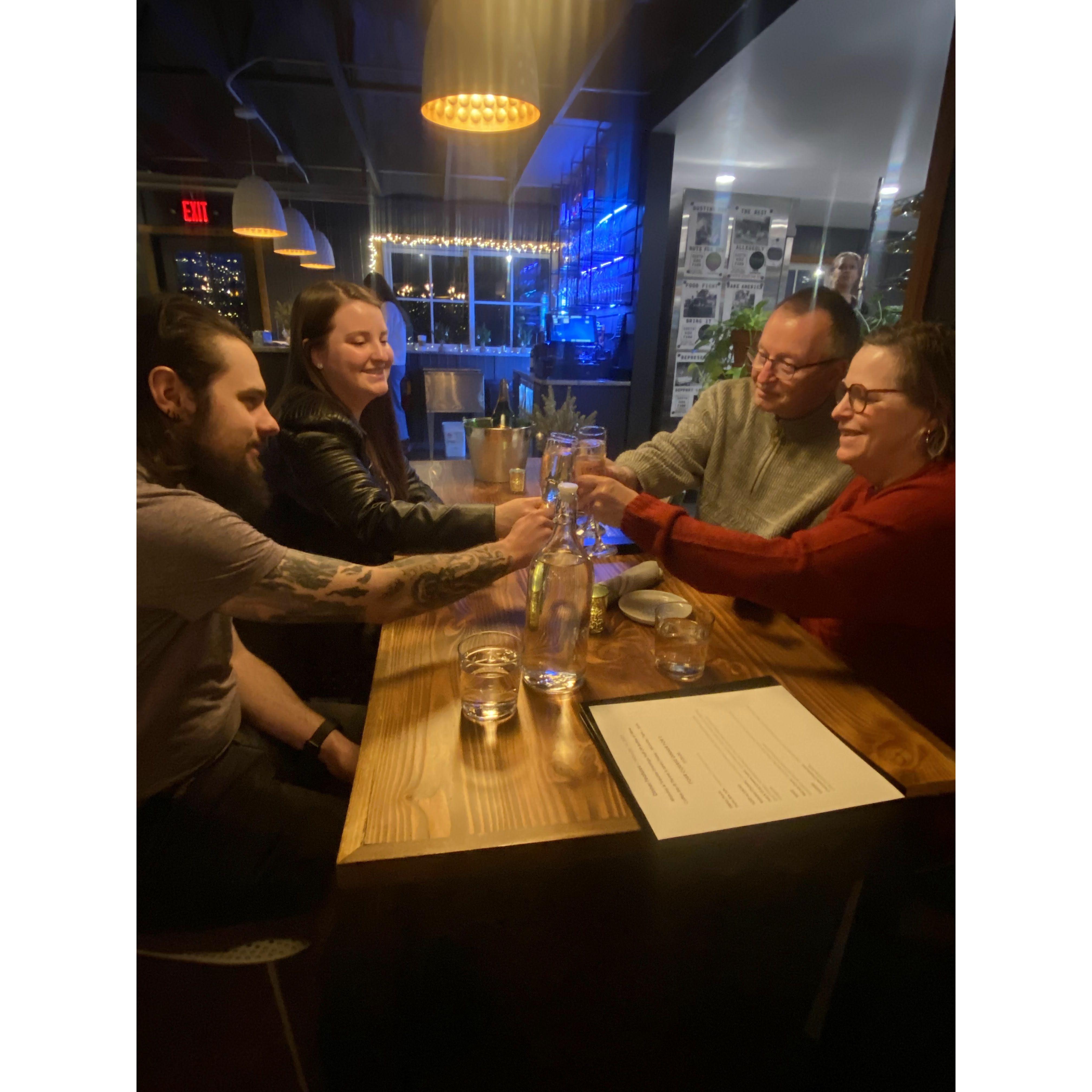 Engagement toast with Liv's parents - cheers to having the same engagement anniversary, Valentine's Day!