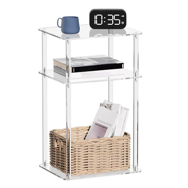 HMYHUM Acrylic Side Table for Small Spaces, 14" L x 11.5" W x 23.2" H, Nightstand/Bedside Table, Home Accent End Table for Living Room, Bedroom, 3 Tier, Clear