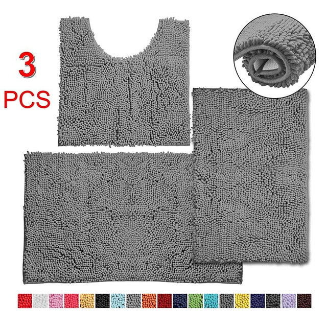 3 Pieces Bathroom Rugs, Anti-Slip Chenille Bath Rug, Super Absorbent Luxury Shaggy Bath Mats Set, Perfect Plush Carpet for Tub, Shower, Bath Room,Machine Washable(Light Grey)