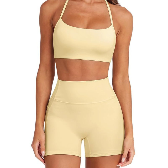 SUUKSESS Women 2 Piece Workout Sets Padded Halter Sports Bras High Waisted Biker Shorts with Pockets