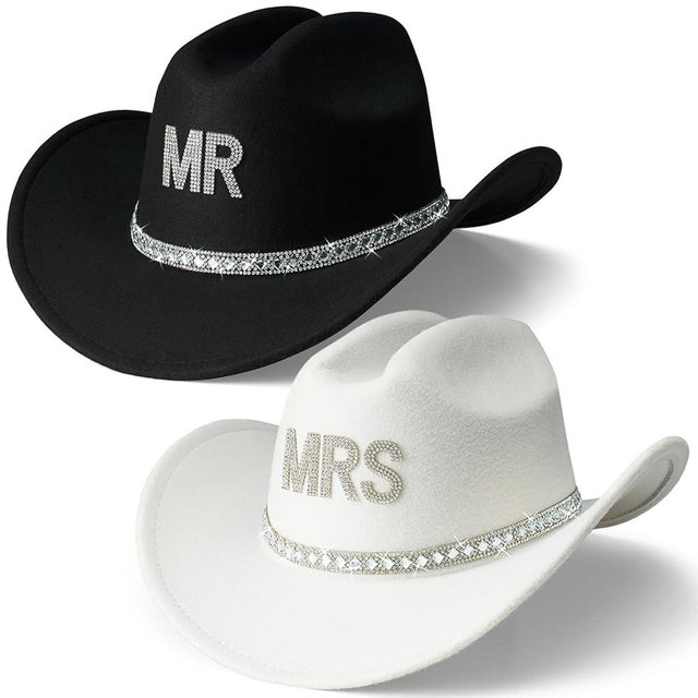 AW BRIDAL Engagement Bridal Shower Wedding Gifts for Couples - Mr & Mrs Rhinestone Felt Cowboy Hat for Women Men Western Hats