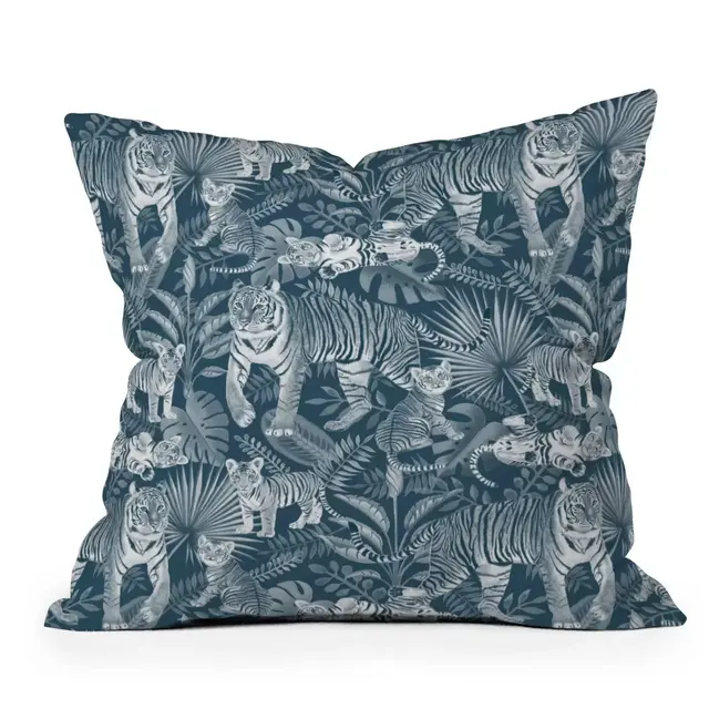 16" x 16" Julia Madoka Family of Tigers Outdoor Throw Pillow Blue - Deny Designs: UV & Mildew Resistant, Square Shape