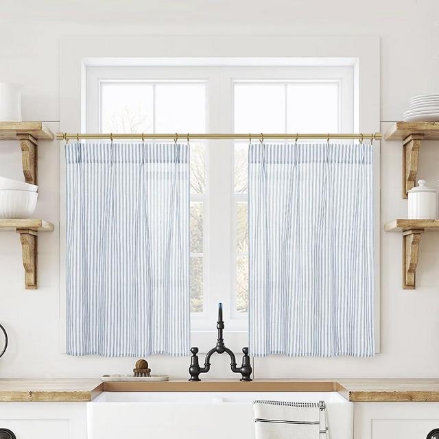 Dusty Blue Curtains for Kitchen,Pinch Pleated Coastal Slate Blue Pattern Curtains for Bathroom 24 Inch Length