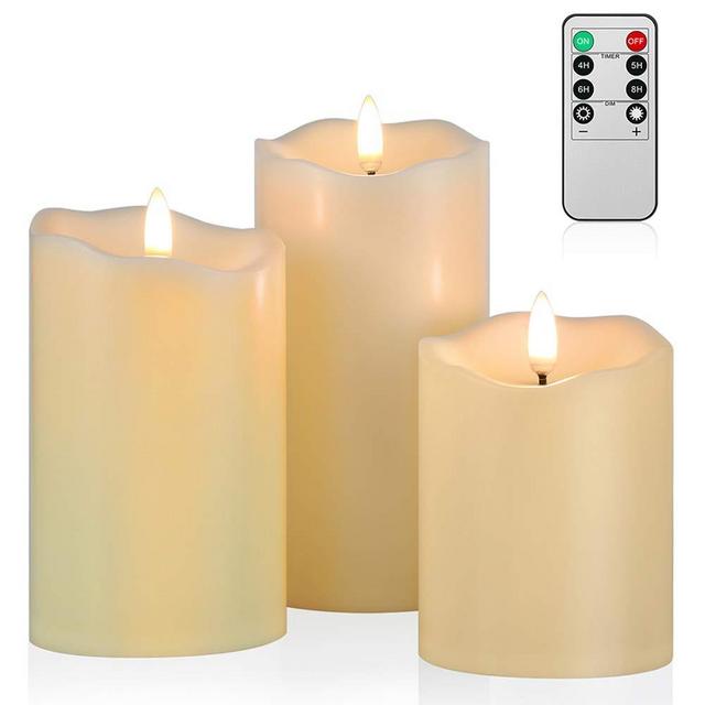Upgraded Flickering Flameless Candles, Most Realistic Waterproof LED Candles with Remote and Timer, Set of 3 Battery Operated Pillar Candles for Kids Home Wedding Halloween Decoration