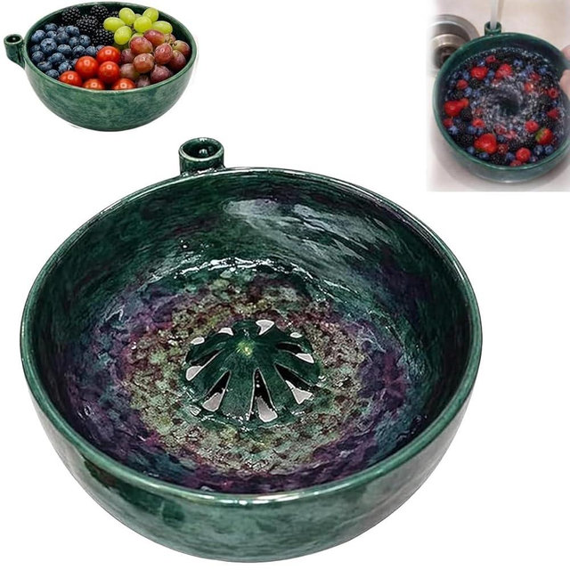 Deedsen 360° Degree Fruit Swirl Colander with Center Cone,2026 Self Spinning Ceramic Berry Washing Bowl with Drain Holes,Automatic Quick Kitchen Rinse Washer for Berries Vegetables & Fruit (1)