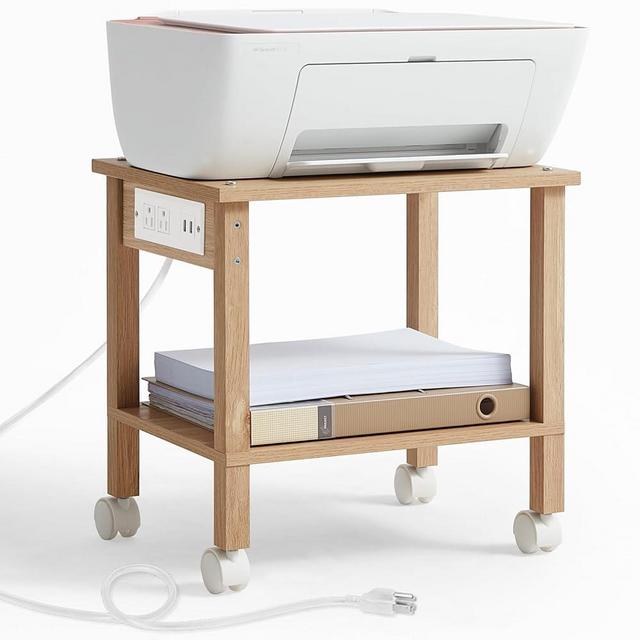 YUFAM 2 Tier Under Desk Printer Stand with Storage, Small Printer Table with Charging Station, Rolling Printer Cart Shelf with Lockable Wheels for Home, Office (Natural)