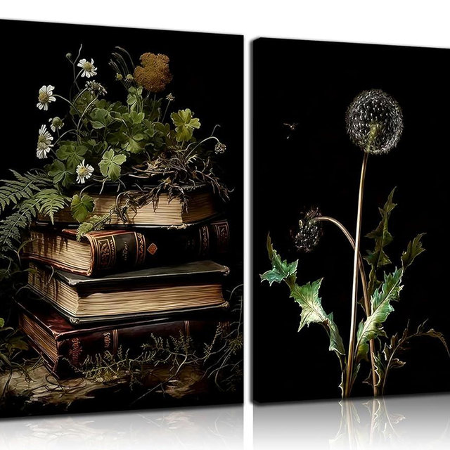 2Pcs Vintage Botanical Canvas Wall Art Gothic Dark Academic Book Wall Decor Moody Floral Posters Prints Rustic Green Plant Aesthetic Paintings Pictures For Living Room Gallery Wall Decor 12x16 Inch