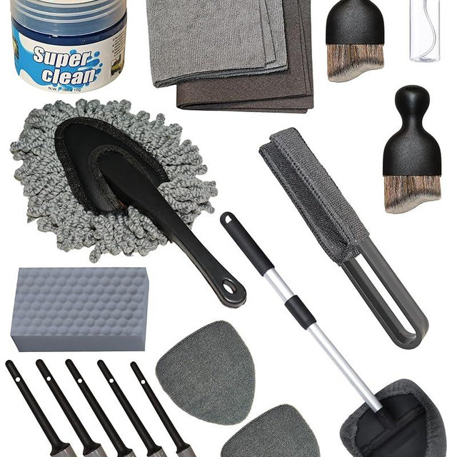 oesee 18Pcs Professional Car Interior Detailing Kit All-in-One Cleaning Tools for Windows, Dashboard, Vents, Windshield Cleaner Brush, Magic Sponge, Chamois Cloth, Detailing Brushes & Accessories