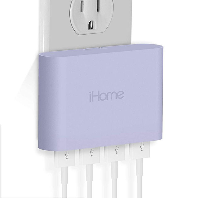 iHome AC Pro 5.4 Amp 4-Port USB Wall Charger, Flat Foldable Plug for iPhone 12/12 Pro/12 Pro Max/ 11/11 Pro/11 Pro Max/Xs,/Xs Max/XR/X/8/Airpods, iPad, Samsung Galaxy Android & More, Pastel Purple