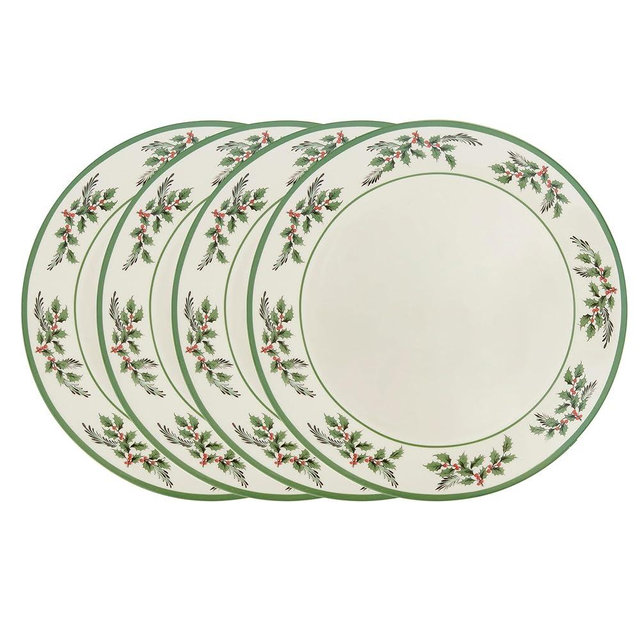 Spode Christmas Tree Holly Dinner Plates, Set of 4-10 Inch Stoneware with White Center & Holly Accents - Festive Holiday Tableware, Microwave, Dishwasher & Freezer Safe, Seasonal Dining Essentials