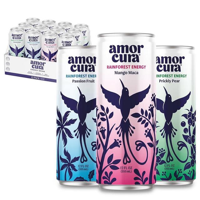AMOR CURA Sparkling Natural Energy Drink - Variety Pack - Plant Based, Natural Ingredients - Bursting with Flavor with up to 46% Real Fruit Juice - Every Day Healthy Energy from Guayusa, Yerba Mate and Maca | Clean Caffeine | Mood Enhancer & Focus | Low Calories, No Preservatives, No Added Sugar, Vegan. 12oz 12-pack