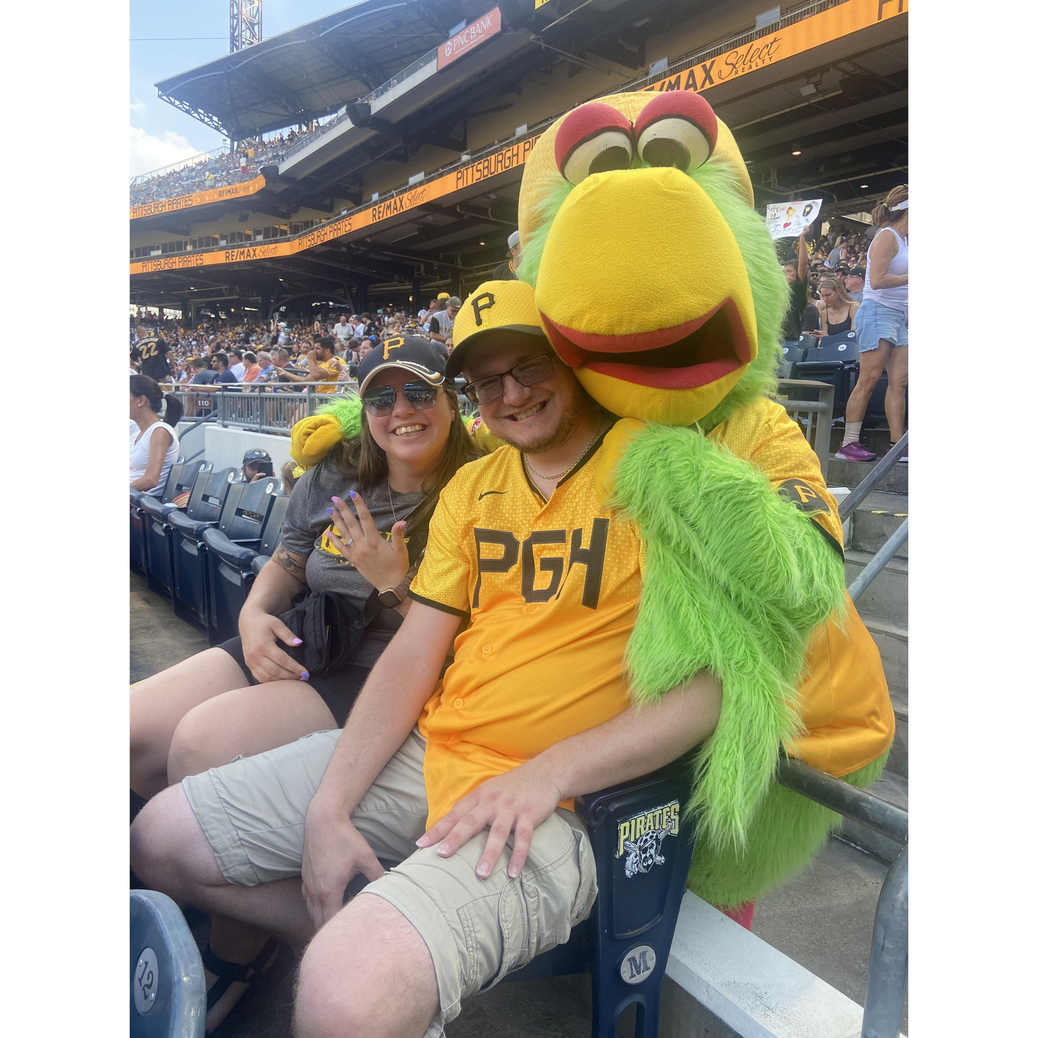 Meeting the Pirate Parrot after getting engaged!