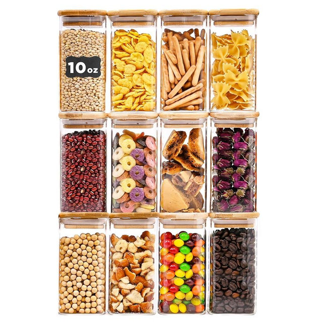 Glass Food Storage Jars Square 10oz, 12 Pack Glass Jars With Bamboo Lids, Kitchen Storage Containers For Spice, Candy, Cookie, Storage For Pantry Organizers