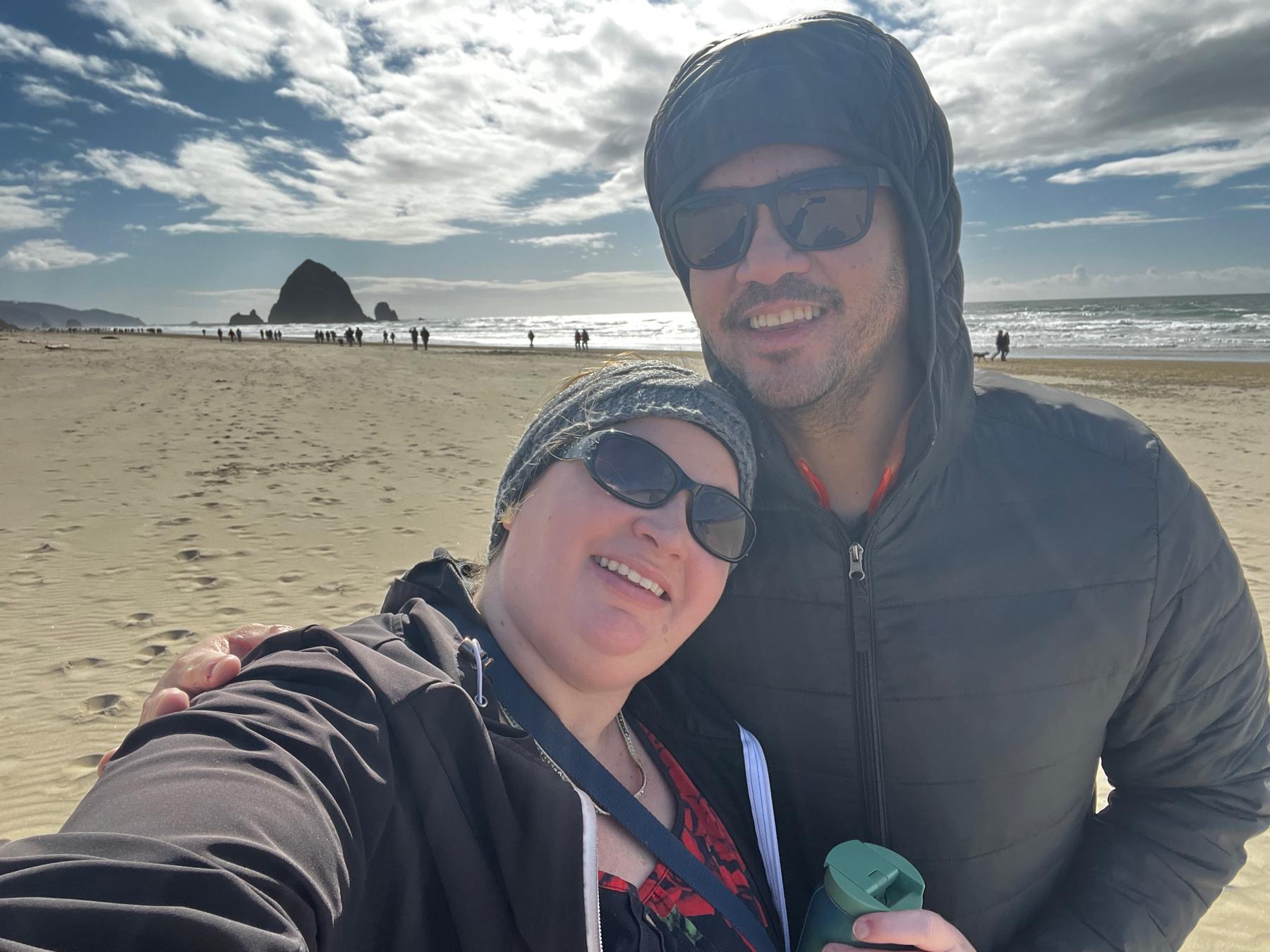Sarah and Carlo at Cannon Beach. Carlo's first time at Haystack rock.
