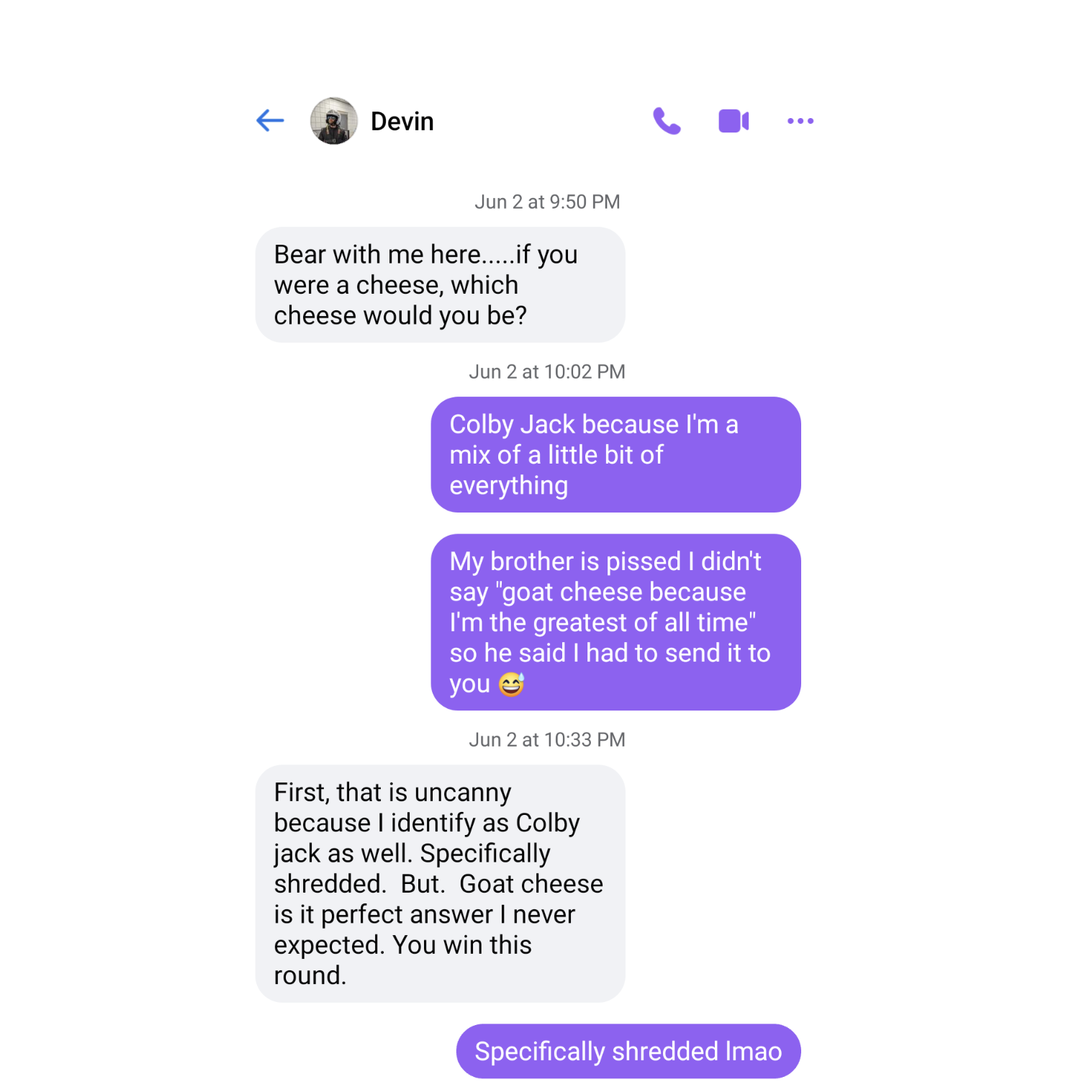 June 2023 - Their first conversation after matching on Facebook Dating. Devin was out of town for 3 weeks at the time, so they talked online for about a month before meeting!