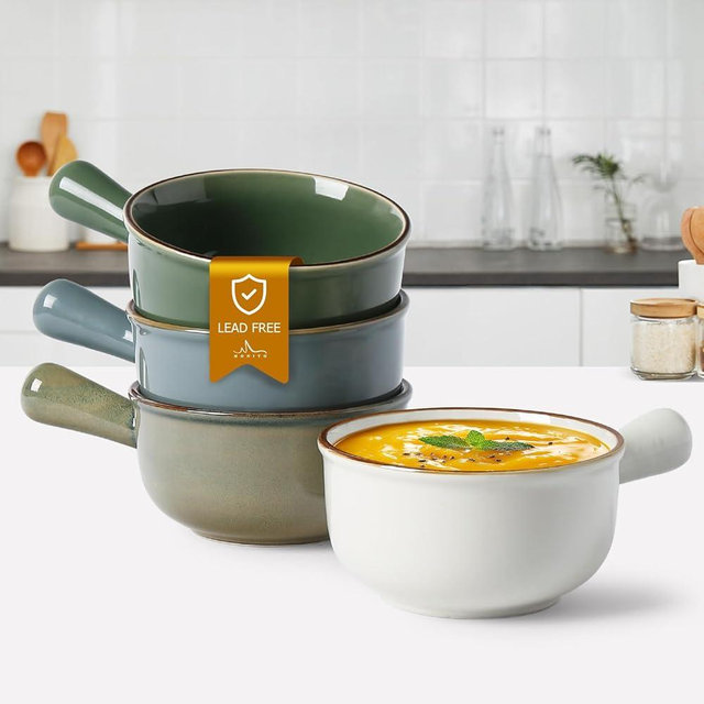 MONITO 28 Oz French Onion Soup Crocks, Stackable Ceramic Bowls with Handles, Oven, Microwave and Dishwasher Safe, for Cereal, Soups, Casseroles, with Handle, Stoneware