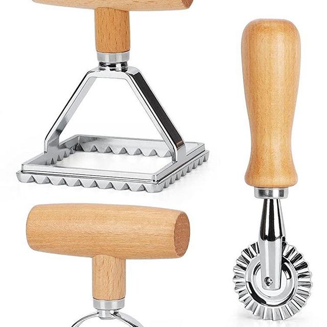 Ravioli Stamp with Pasta Cutter Wheel, Ravioli Maker with Wooden Handle, Pasta Roller Press Mold Kitchen Accessories for Dumplings Lasagna, Pierogi, Calzone, Set of 3, Gift Package
