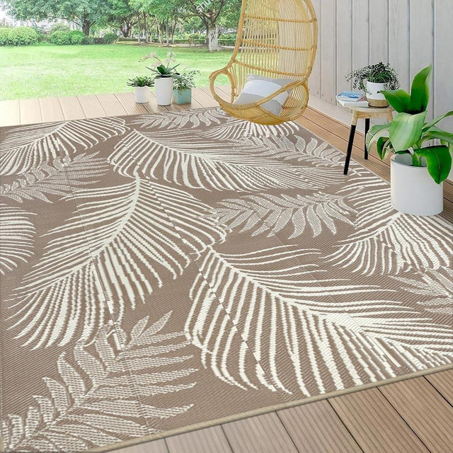 Pauwer Waterproof Outdoor Rug 6x9, Reversible Plastic Straw Patio Camping Rug, Indoor Outdoor RV Mat Carpet for Deck, Camper, Porch, Balcony, Backyard, Picnic, Leaf Brown
