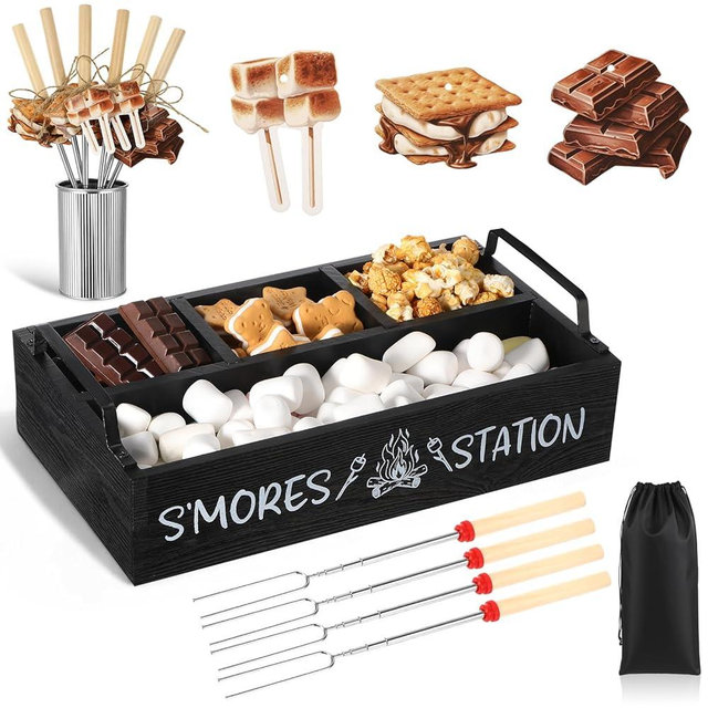 Reallnaive 35 Pcs S'mores Station Box Farmhouse S'mores Bar Holder with Handles 8 Extendable Candy Roasting Sticks 1 Storage Bucket 24 Label Cards Storage Accessories Organizer(Black)