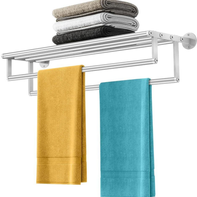 XEENEW Double Towel Racks for Bathroom Towel Rack with Shelf, 24 Inch Double Towel Bars, Wall Mount Towel Holder for Bathroom Lavatory, Stainless Steel Towel Rod(Brushed Nickel)