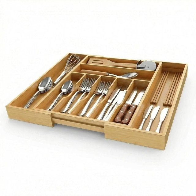 SPACORA Expandable Bamboo Silverware Drawer Organizer - 20" Extra Wide Cutlery Tray with 9 Deep Compartments - 17.3" Length Large Utensil Holder & Kitchen Drawer Divider (Natural)