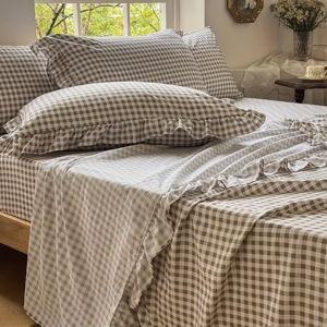 Tan Gingham Ruffle Queen Sheet Set