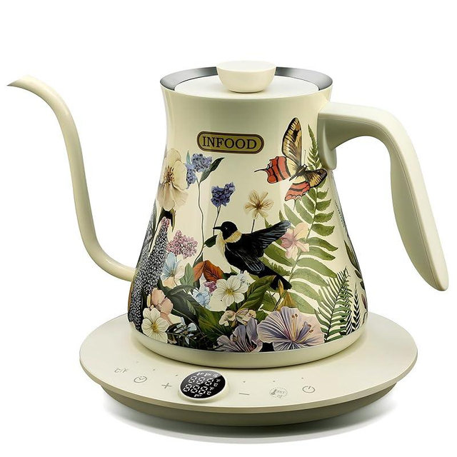 INFOOD 0.8L Gooseneck Electric Kettle, Precise Temperature Control for Pour Over Coffee & Tea, 1200W Fast Boiling Water, Auto Shut Off, Scheduling, Stainless Steel, Floral Painted Design