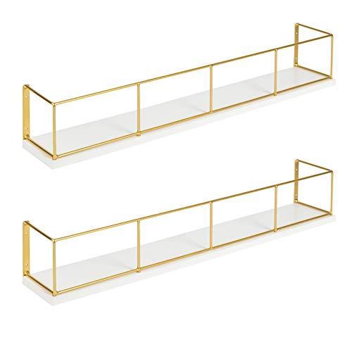 Kate and Laurel Benbrook 2-Pack Wood and Metal Floating Wall Shelves, 24 inch, White and Gold