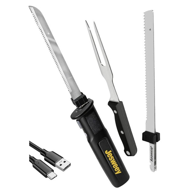 Cordless Electric Carving Knife for Meat Slicing, Fish, Bread, Turkey, Ergonomic Handle, Serving Fork Included, Storage Case& Safety Lock, Black