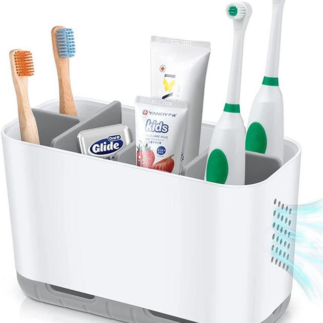 Boperzi Toothbrush and Toothpaste Holder for Bathroom Countertop with Adjustable Dividers, Large Toothpaste Caddy Organizer Storage Rustic Decor Anti-slip for Shower,Kitchen,Farmhouse,Family,Kids Gray