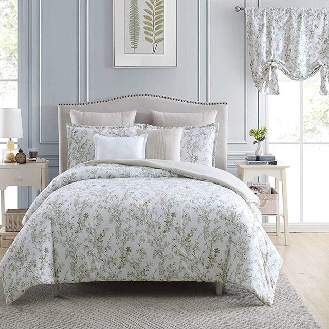 Laura Ashley Home - Queen Comforter Set, Cotton Reversible Bedding, Includes Matching Shams with Bonus Euro Shams & Throw Pillows (Lindy Green, Queen)