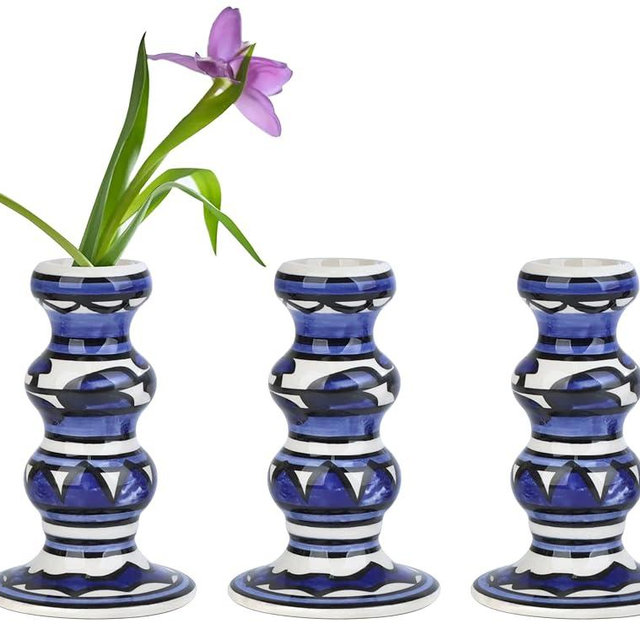 Vixdonos Painted Ceramic Vase Colorful Bud Vase Set of 3 Small Flower Vase Rustic Mini Vases in Bulk for Home Decor, Wedding and Dinner Party(Blue)