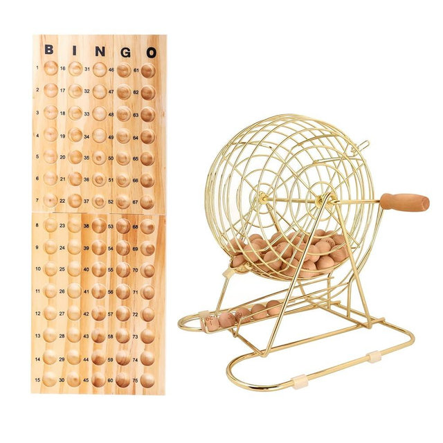 GSE Games & Sports Expert Deluxe Bingo Game Set with Large Gold/Brass Metal Bingo Cage (12" Tall), Folding Wooden Master Board, 7/8" Wooden Calling Balls for Family Game Night & Parties