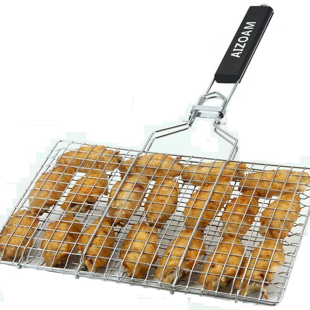 AIZOAM Portable Stainless Steel BBQ Barbecue Grilling Basket for Fish,Vegetables, Shrimp,and Small Flat Sea Food .Great Useful BBQ Tool.-【Bonus Additional Sauce Brush and 50 Natural Bamboo Skewers 】