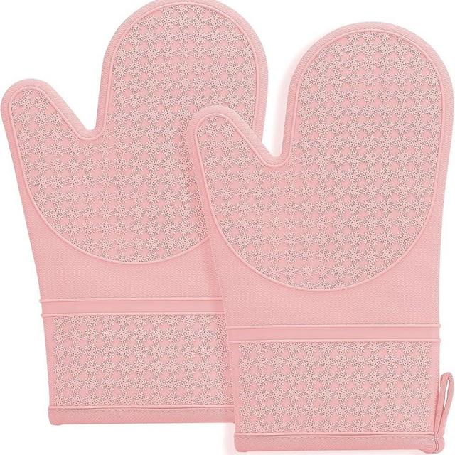 Hovico Silicone Oven Mitts, Oven Gloves with Non-Slip Waterproof - 2PCS Pink Oven Mittens Heat Resistant 600 Degree, Soft Lining Silicone Oven Mits for Cooking Baking Kitchen Mitten