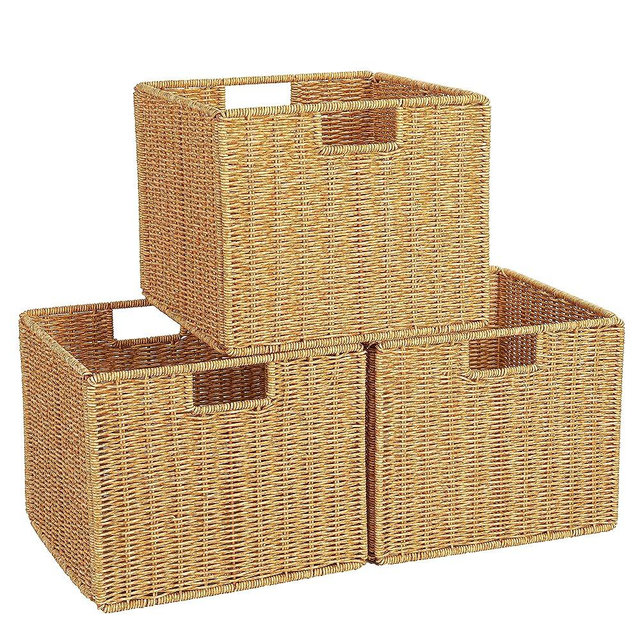 12X12X10in Wicker Storage Basket, Collapsible Wicker Cube Storage, Woven Basket for Shelves, Plastic Storage Basket for Pantry, Bedroom, Living Room, Bathroom, Shelves(Natural)