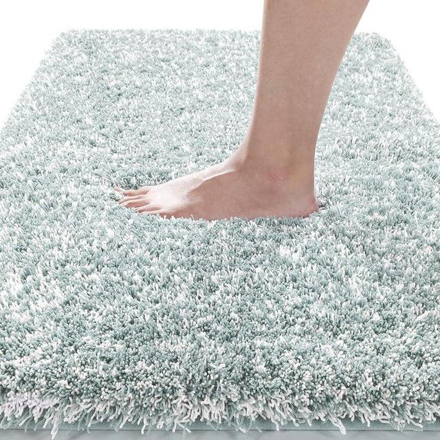 Yimobra Luxury Bathroom Rugs, Fluffy Bath Mats, Non Slip, Water Absorbent Microfiber, Machine Washable, Plush Soft Shower Rugs, Thick Matts for Bathroom Floor&Tub, 36"x 24", Light Blue and White