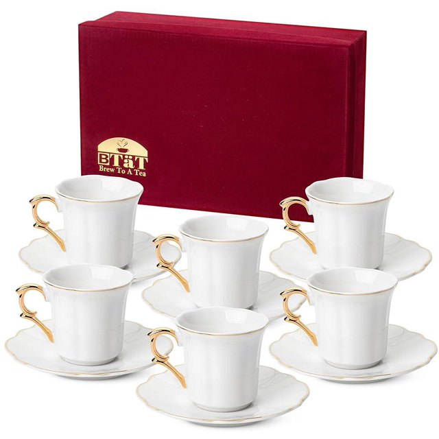 BTaT- Espresso Cups and Saucers with Gift Box, 2.4 oz, Set of 6, Demitasse Espresso Cups with Gold Rim, Porcelain Espresso Cups with Saucer, Espresso Cup and Saucer Set, Demitasse Cups