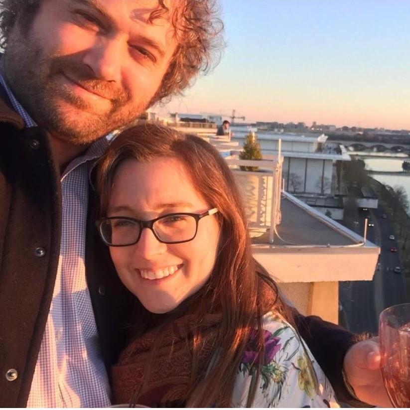 Rooftop drinks before an environmental film project at the Kennedy Center... when Colin learned how strongly Kelsey feels about reduce, resuse, recycle.