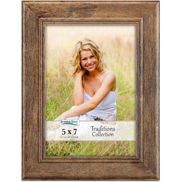 Icona Bay - 5x7 Chestnut Brown Picture Frame - Rustic Wood Pattern - Lightly Distressed Frame for Table Top Display or Wall Mount - Traditions Collection