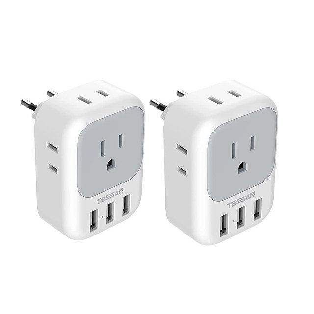 European Travel Plug Adapter, TESSAN US to Europe Power Adapter with 4 AC Outlets and 3 USB, Euro Charger Adaptor Type C for USA to EU Iceland Italy Spain France Germany Greece, 2-Pack
