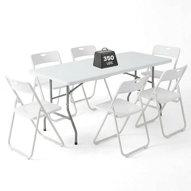 DOINUO 6FT Foldable Table Set with 6 Pack Plastic Folding Chairs, Heavy Duty 350 lbs Folding Table & Folding Chairs, Portable Foldable Furniture Bundle for Parties, Wedding, Events, Indoor & Outdoor
