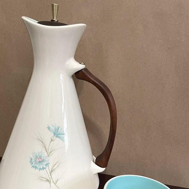 Vintage Ceramic Carafe Pitcher in Boutonniere Cornflower Pattern by Taylor, Smith & Taylor w/ Wood Handle and Lid