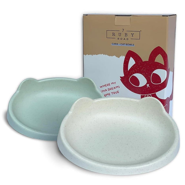 7 Ruby Road Anti Whisker Fatigue Cat Bowl, Set of 2 - Wide Cat Food Bowls, Wet and Dry Shallow Cat Food Dish, Small Cat Dishes for Indoor Cats, Cute Kitten Bowls Whisker Friendly & Relief, Non-Slip