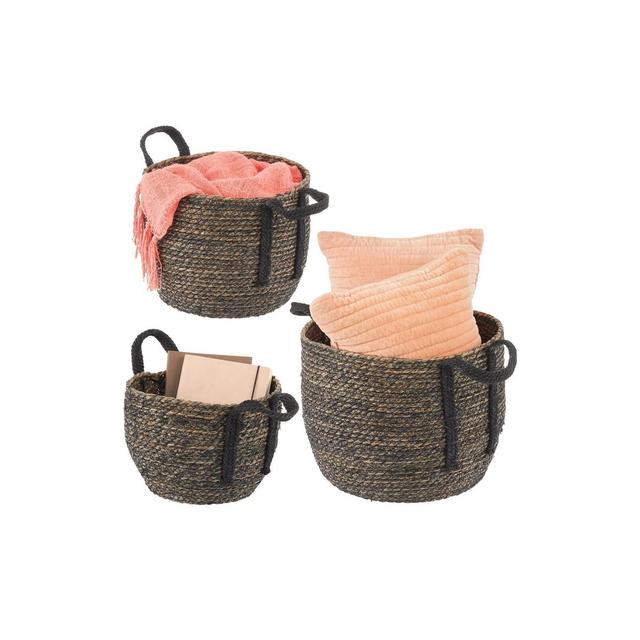 mDesign Round Seagrass Woven Storage Basket with Handles - Set of 3 - Black Wash
