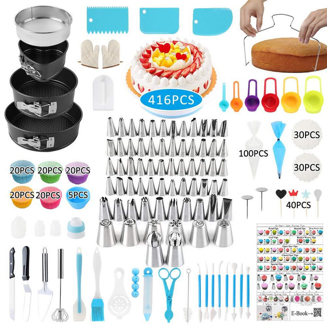 Cake Decorating Supplies, 416 PCS Baking Supplies Kit Set with 3 Springform Pan Sets, 64Icing Piping Nozzles, Cake Rotating Turntable, 40Cake Topper 100Piping Bags, 100Muffin Cup Molds, New Year Gift
