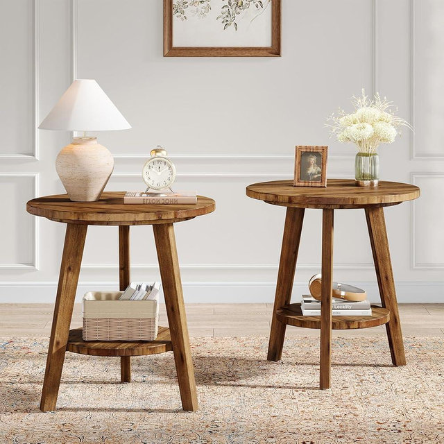 TRIBEWOOD Solid Wood Round End Table Set of 2, Sofa Side Table with Storage Shelf, Farmhouse Nightstand for Living Room, Bedroom, Easy Assembly (Natural, 2 PCS)
