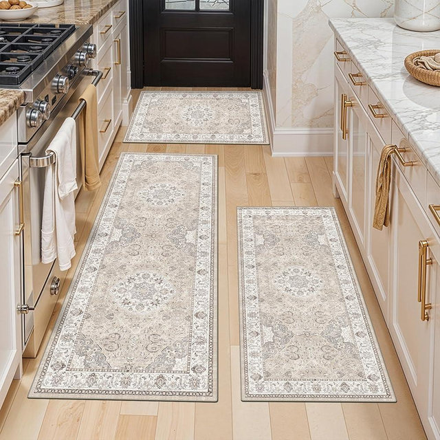 Washable Kitchen Rug Set of 3: Boho Non-slip Soft Stove Sink Mat Light Weight Stain Resistant Carpet for Dog Bowl Area Comfort Tile/Hardwood Floors Protection Mat for Entryway Foyer(2x3+2x4+2x5,Beige)